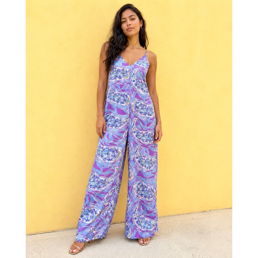 Vintage 70s Floral Palazzo Jumpsuit S Purple Blue Boho Festival Disco